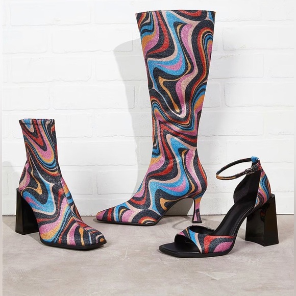 Gianni Bini Cat-Walk Glitter Snip Toe Colorful Swirl Pattern Knee-High Boots NWT - Picture 5 of 16